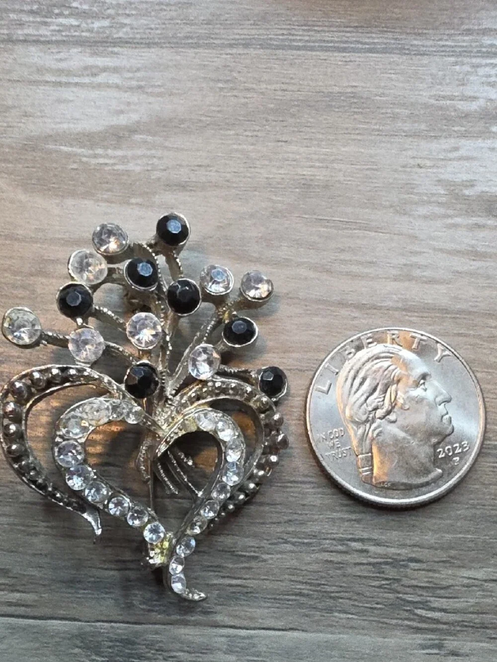 Crystal Heart Floral Brooch - Silver with Black and Clear Stones